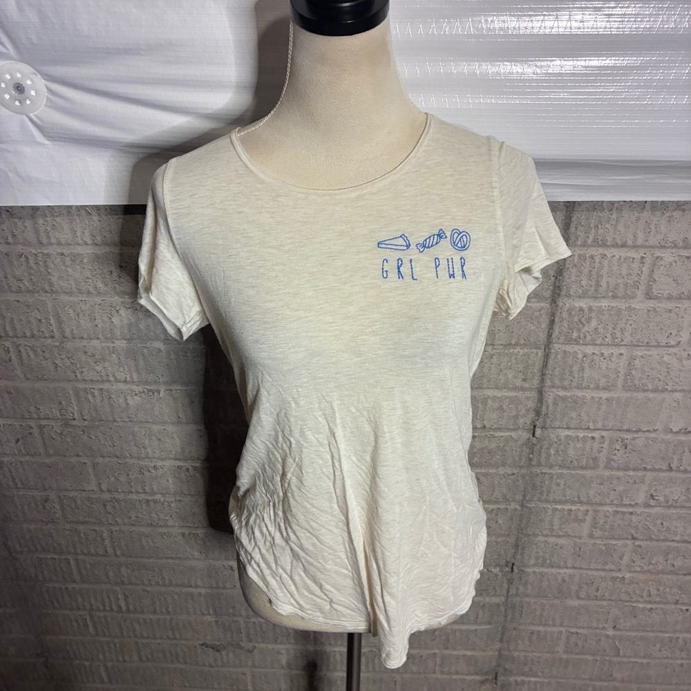Aerie GRL PWR Embroidered‎ Slub Knit T-Shirt Cream Small Snack Graphic Tee